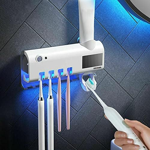 DISCORAMA® - Esterilizador para cepillo de dientes UV, esterilizador para cepillo de dientes eléctrico de pared y baño, recargable con luz solar, organizador para 4 cepillos
