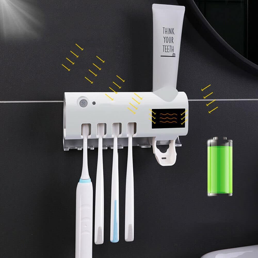 DISCORAMA® - Esterilizador para cepillo de dientes UV, esterilizador para cepillo de dientes eléctrico de pared y baño, recargable con luz solar, organizador para 4 cepillos